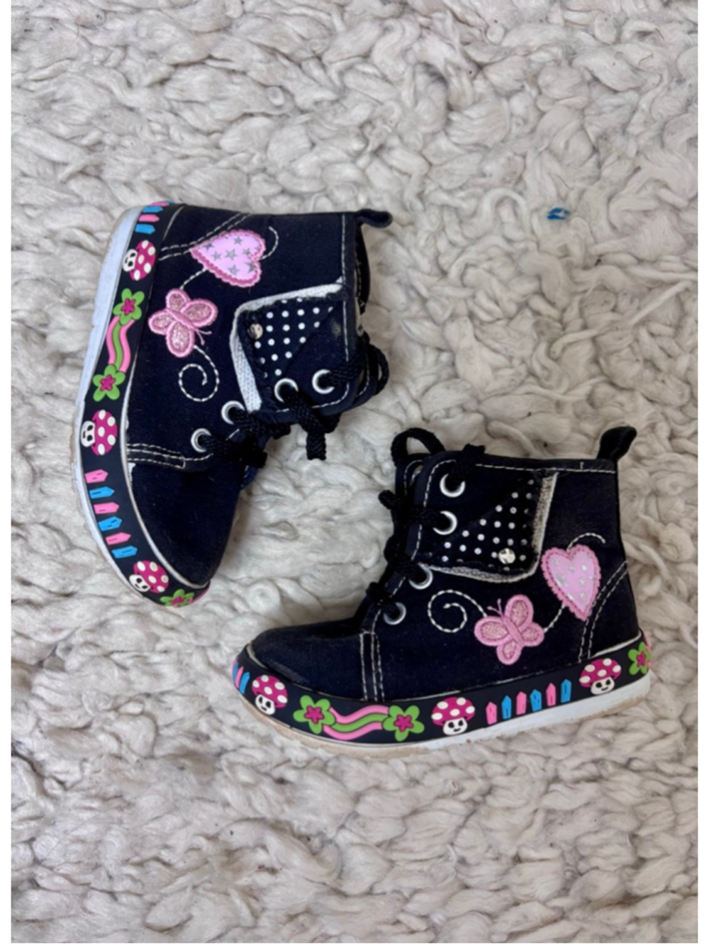 Baby Little Berry Black Pink Butterfly Mushroom High Top Shoes Size 5 Zip